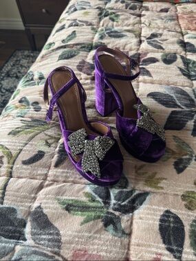 Zara Purple Velvet Platform Heels with Crystal Bow Accent